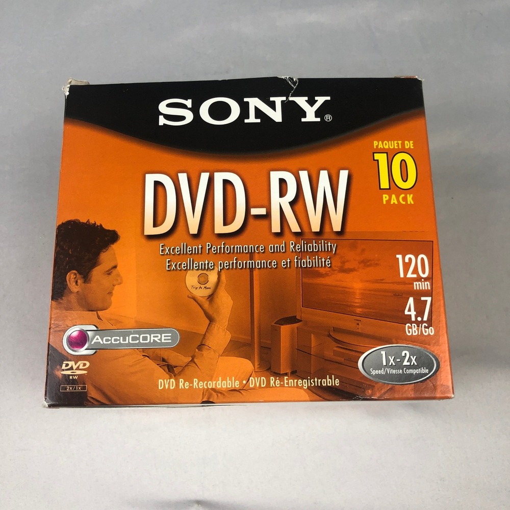 Sony DVD-RW 10 Pack 4.7GB 120min 1x-2x AccuCORE Re-Recordable Discs 10DMW47L2